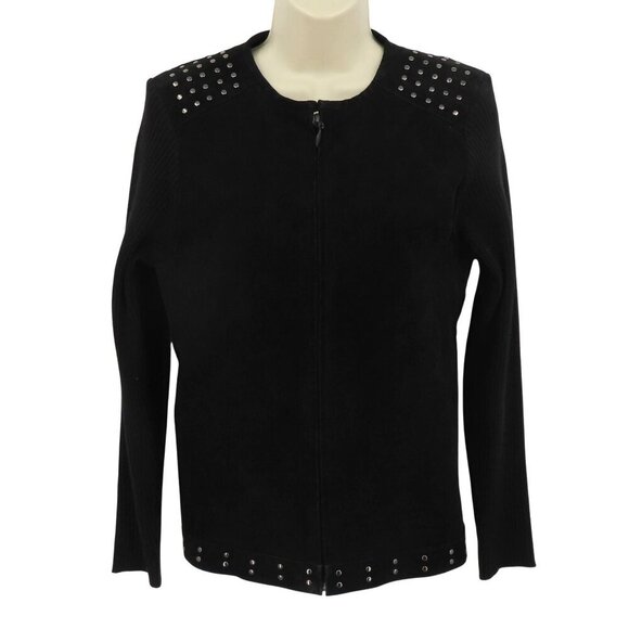 Escapade Women Large Y2K Black Suede Leather Knit Zippered Light Jacket Coat - Picture 1 of 12